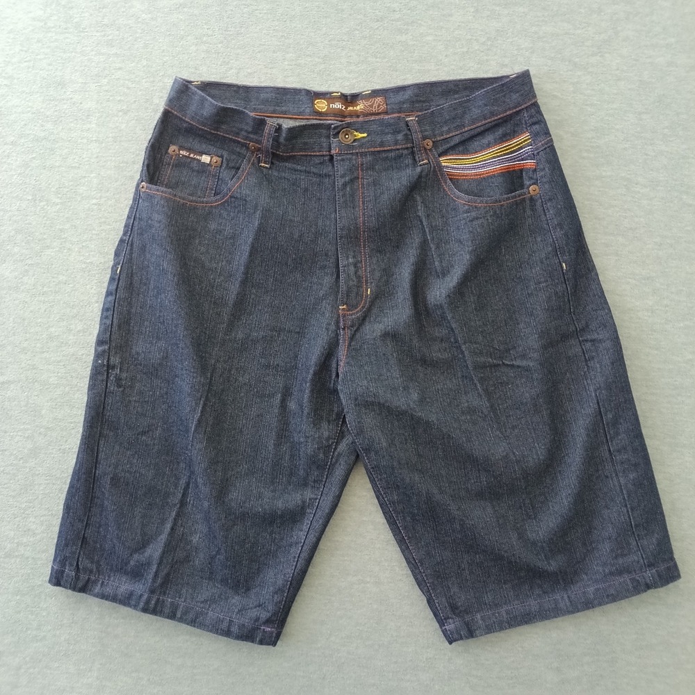 Noiz Jeans Mens 40 Dark Wash Rainbow Embroidered Denim Shorts Y2K Streetwear
